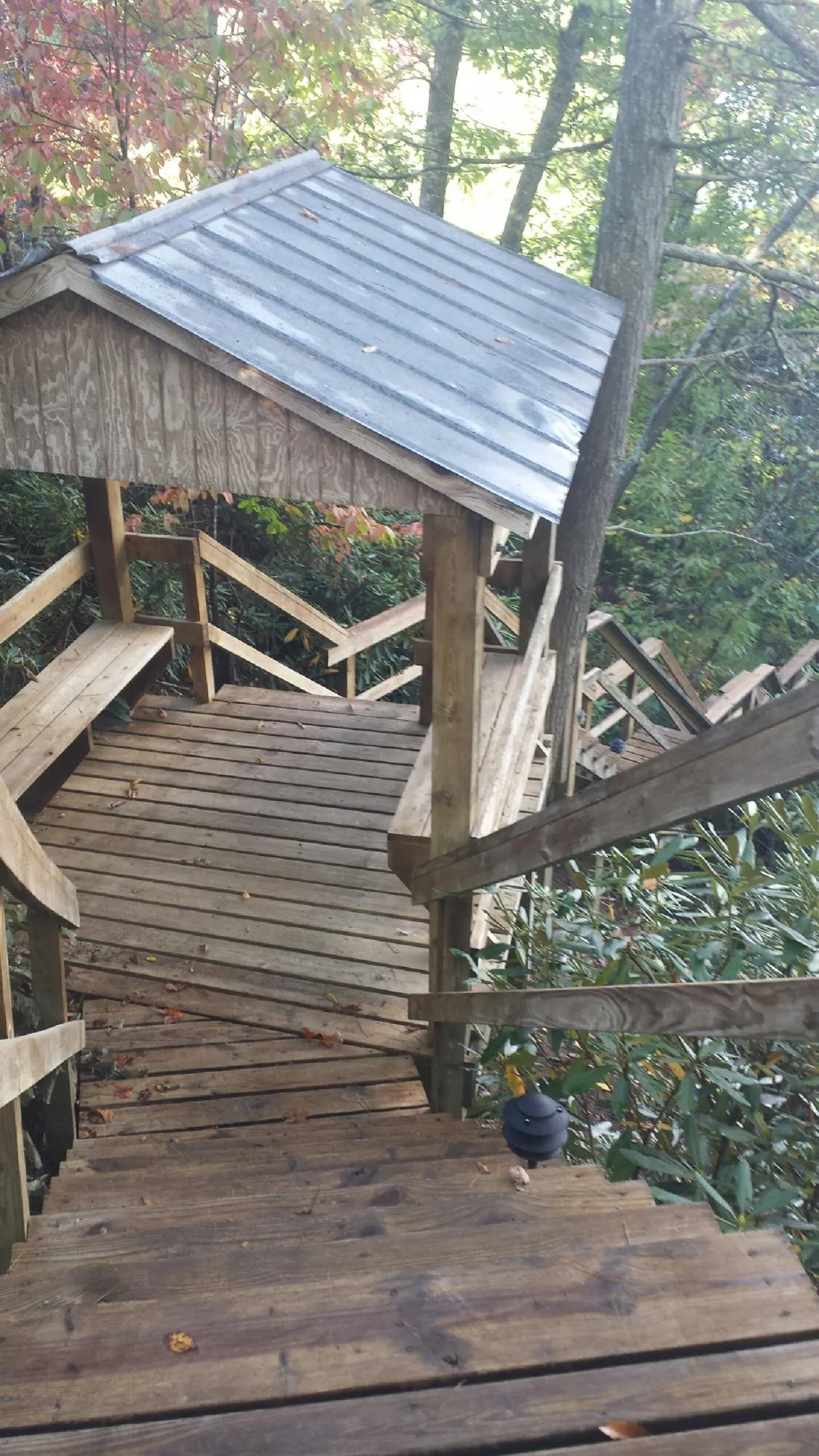 Metal roofed shelter over wooden steps on a wooded walkway — Skylight Repair & Installation work by our crew in Shannon